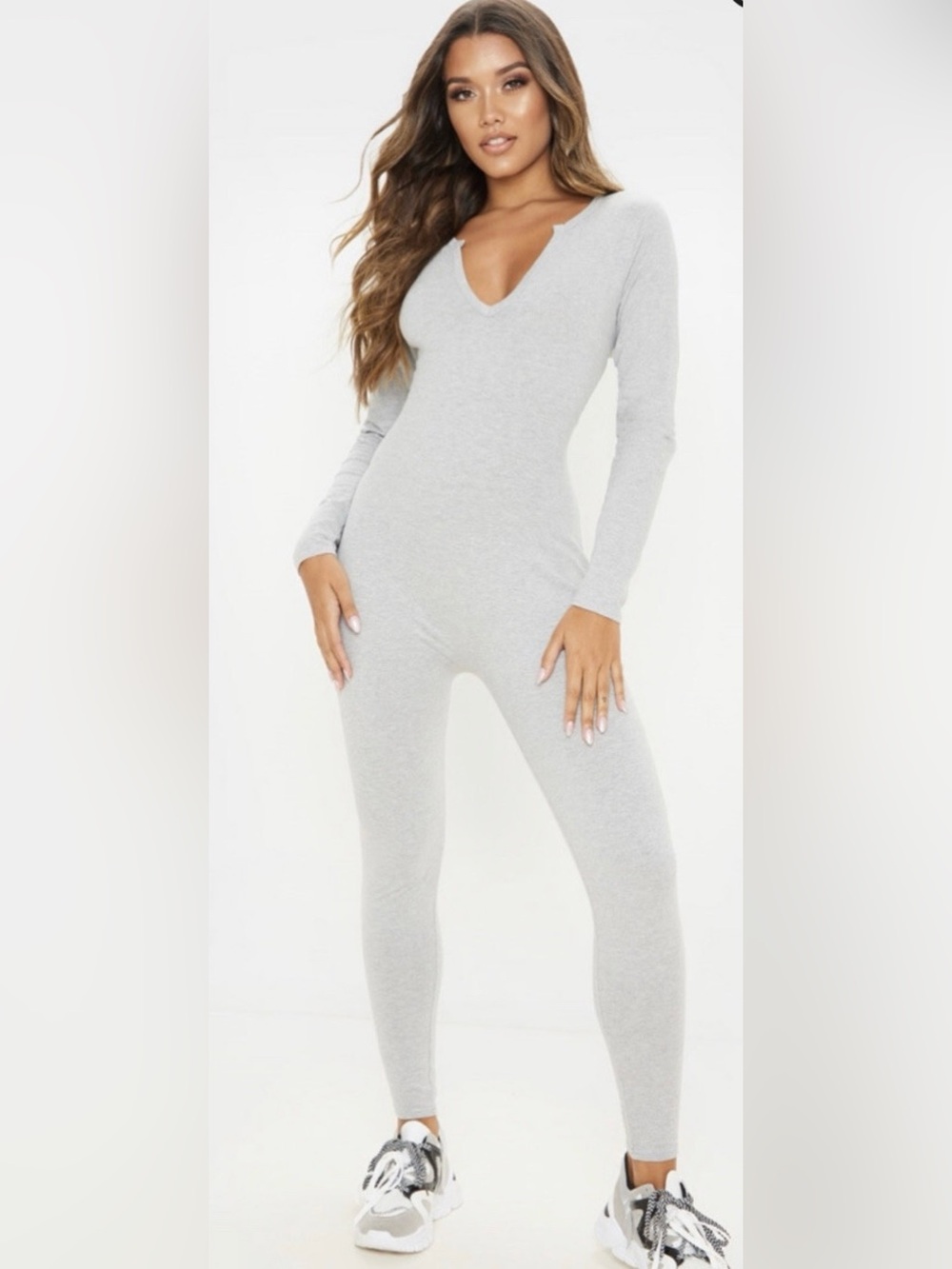 PrettyLittleThing Jumpsuit Sz 8 Heather Gray Long Sleeve Seamless Cotton VNeck